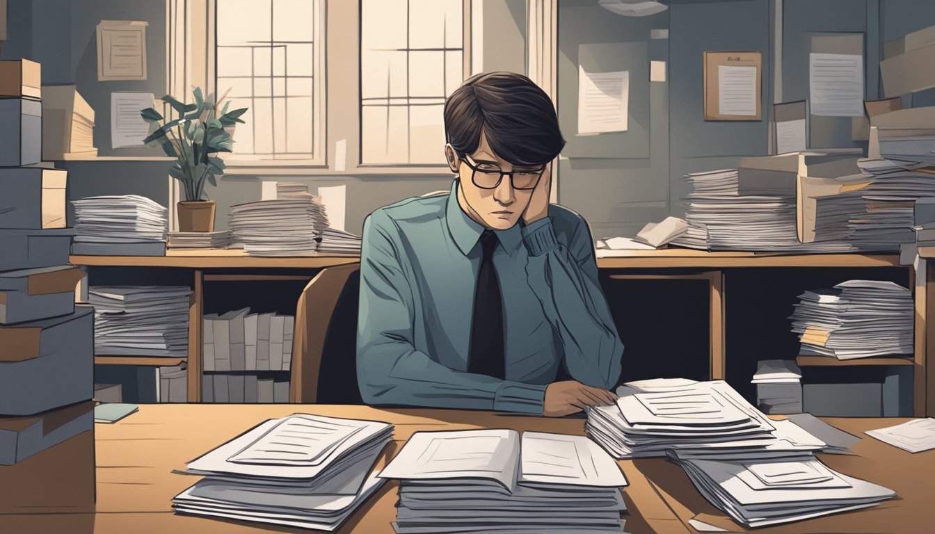 A person sitting alone in a dimly lit room, surrounded by paperwork and funeral planning materials, with a look of sadness and determination on their face