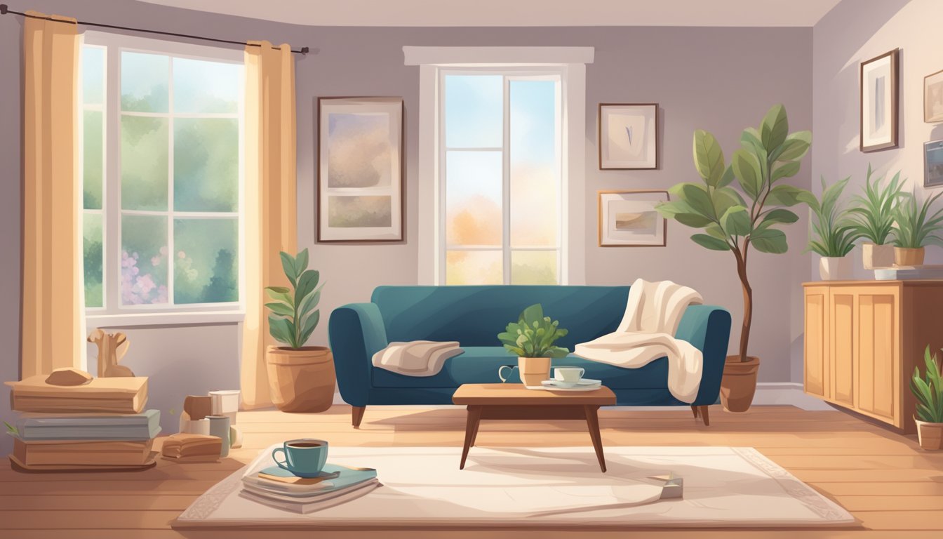 A cozy living room with a warm cup of tea, a journal, and a soft blanket. A calendar on the wall shows a daily routine