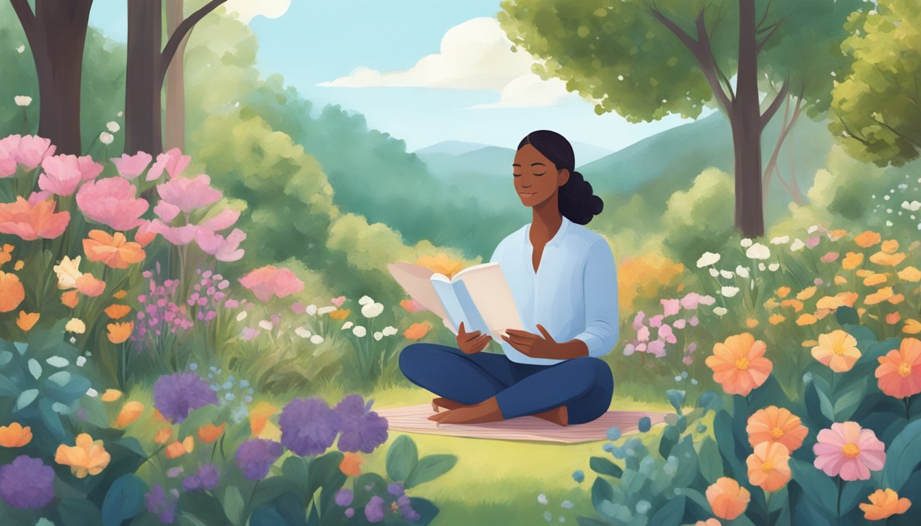 A person sitting in a peaceful garden, surrounded by flowers and trees, engaging in self-care activities such as meditation, journaling, and deep breathing