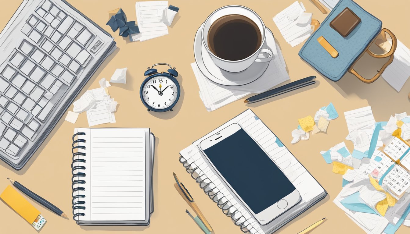 A cluttered desk with a calendar, clock, and to-do list surrounded by scattered tissues and a comforting cup of tea