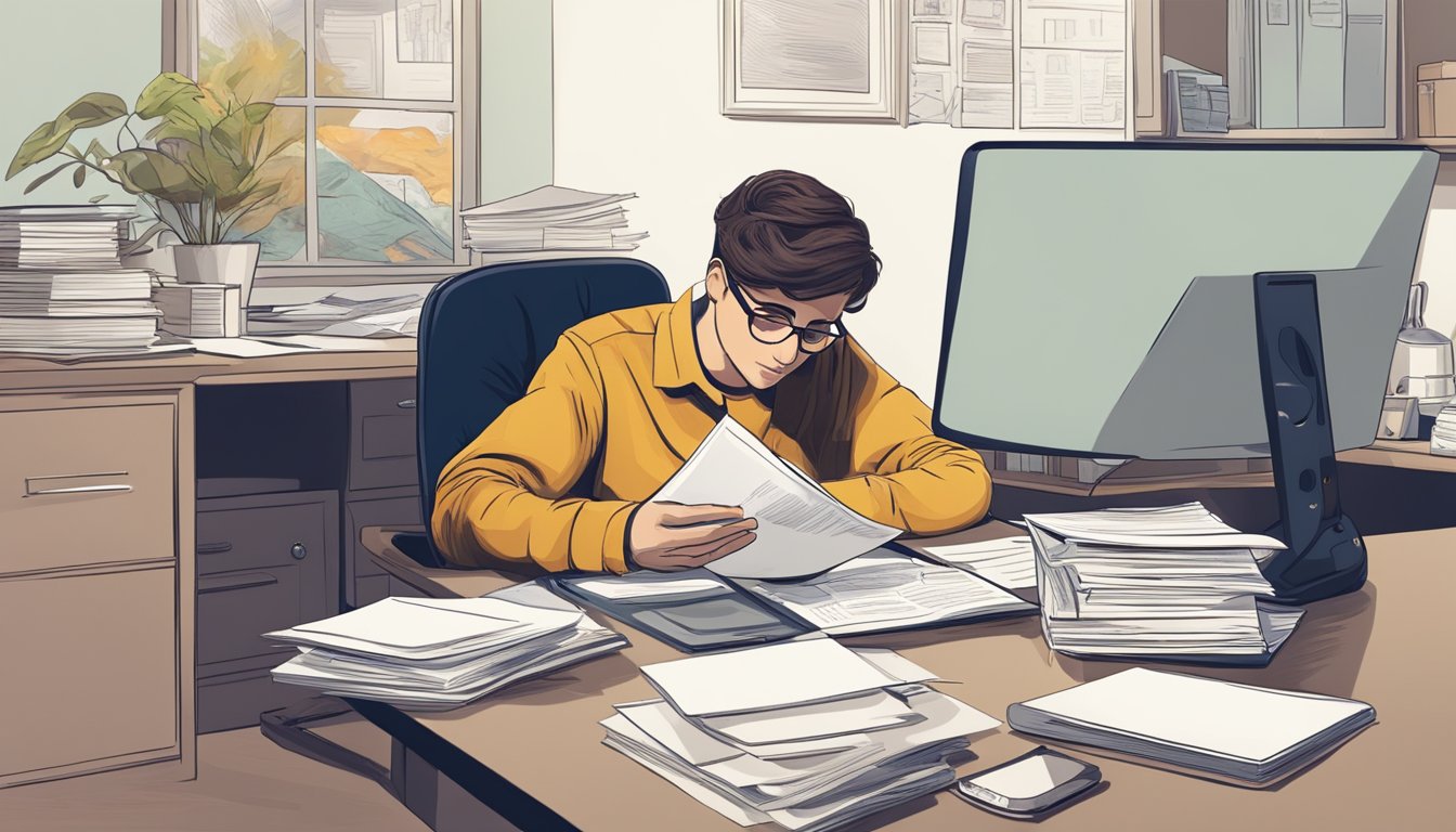 A person sitting at a desk surrounded by paperwork and a phone, with a comforting pet nearby