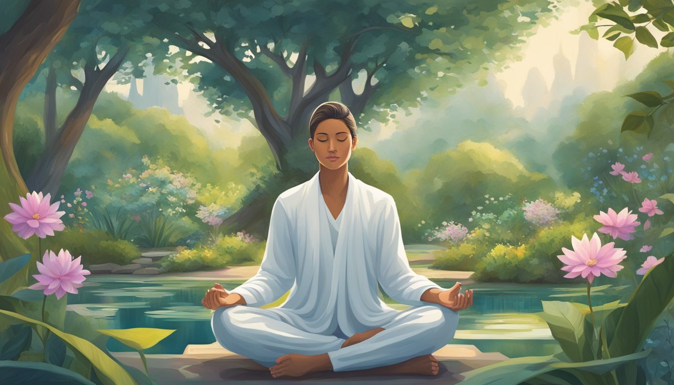 A serene figure meditates in a peaceful garden, surrounded by symbols of nature and spirituality, finding solace in routine after a recent loss