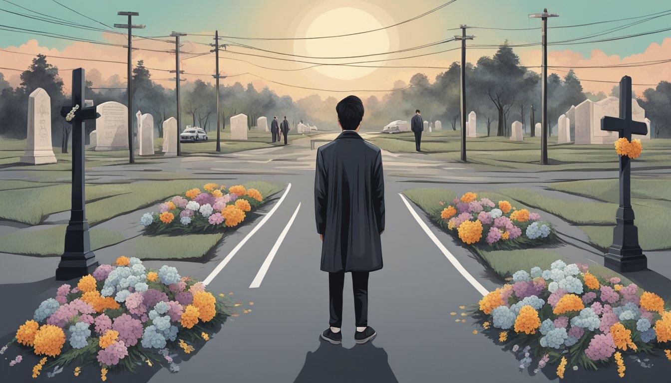 A person standing at a crossroads, surrounded by funeral arrangements and symbols of grief, but with a determined look, moving forward