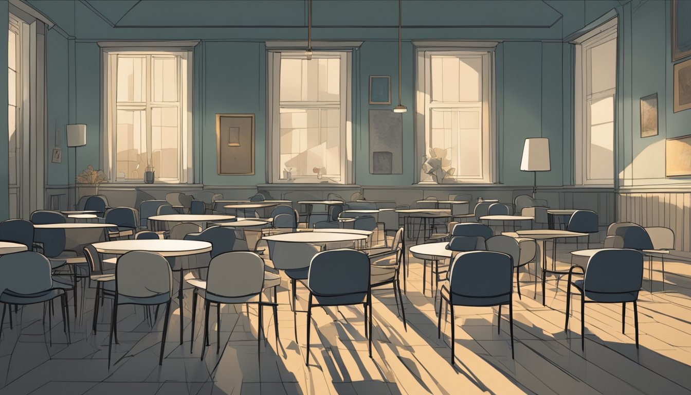 A circle of chairs in a dimly lit room, with tissues and comforting items scattered on a table in the center. A sense of somberness and empathy fills the space