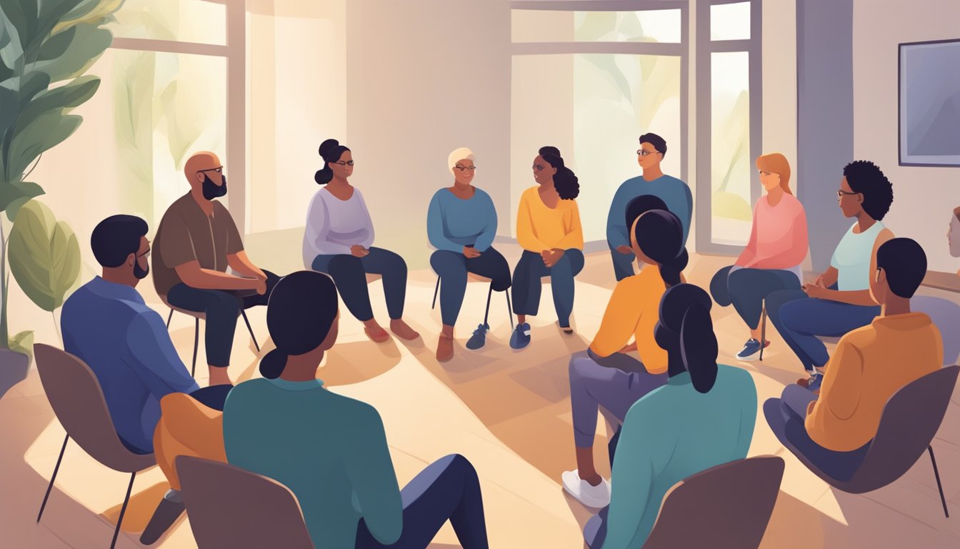 A circle of individuals sitting together, offering comfort and sharing experiences in a support group setting