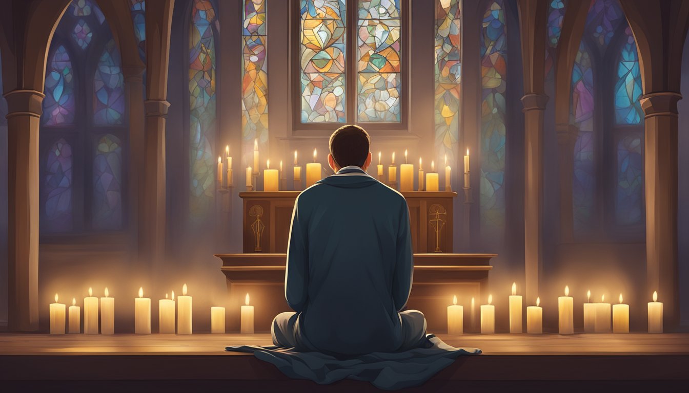 A person sitting in a quiet church, head bowed in prayer, surrounded by soft candlelight and religious symbols