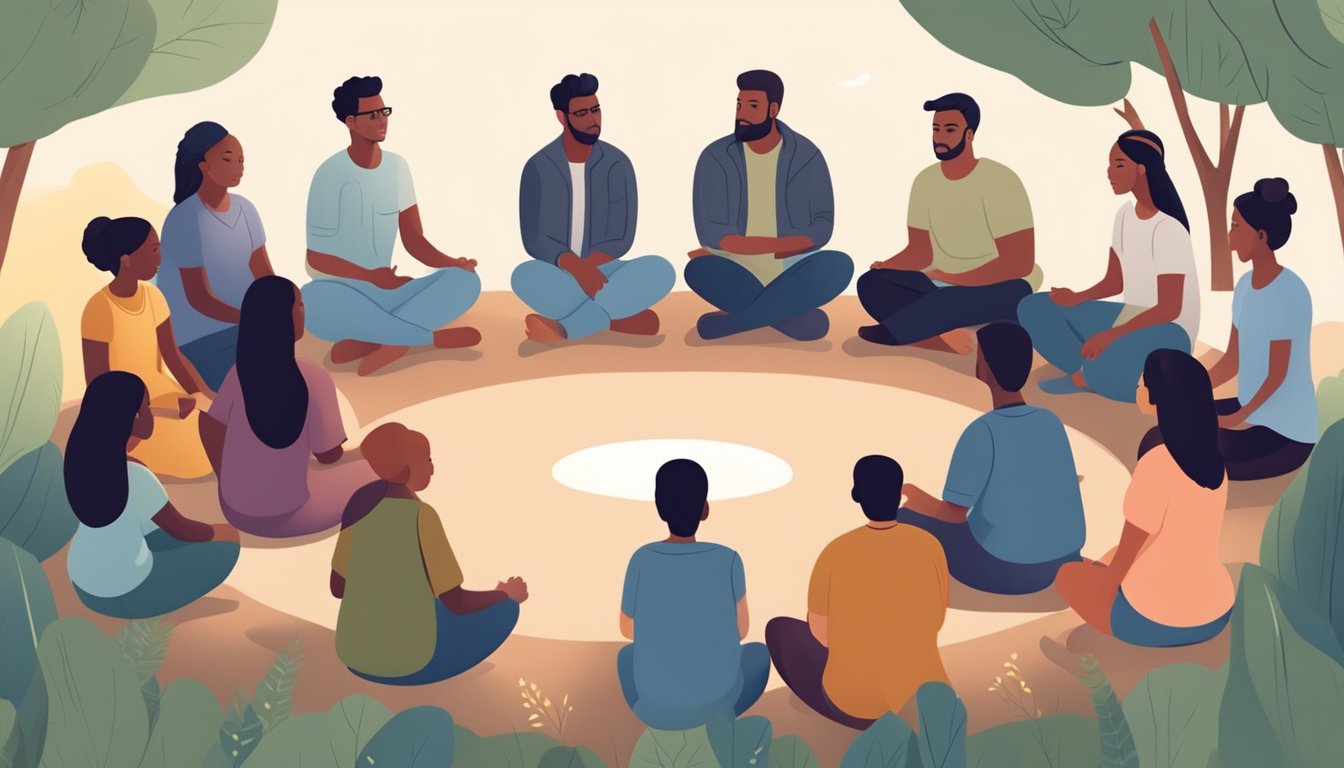 A group of diverse individuals sitting in a circle, offering comfort and support to one another in a peaceful and calming environment