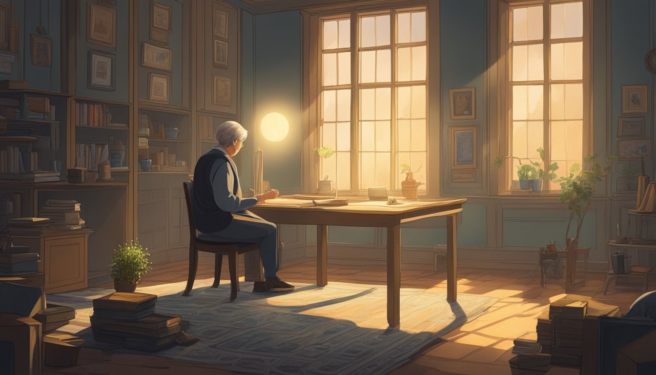 A solitary figure sits in a dimly lit room, surrounded by objects that trigger memories of the deceased. Sunlight filters through a window, casting a soft glow on the scene