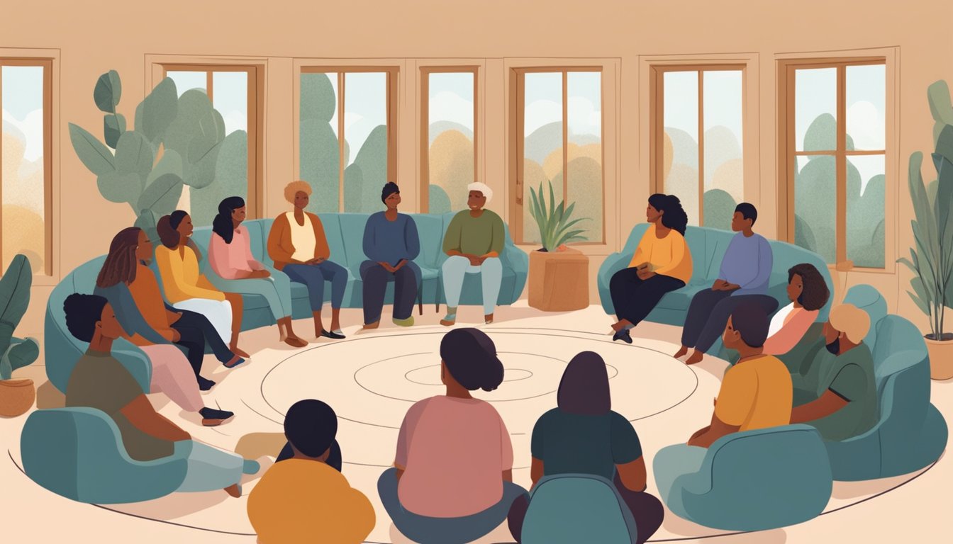 A circle of people sitting in a cozy room, sharing their stories and offering comfort to one another. A facilitator leads the discussion, creating a safe space for expression and healing