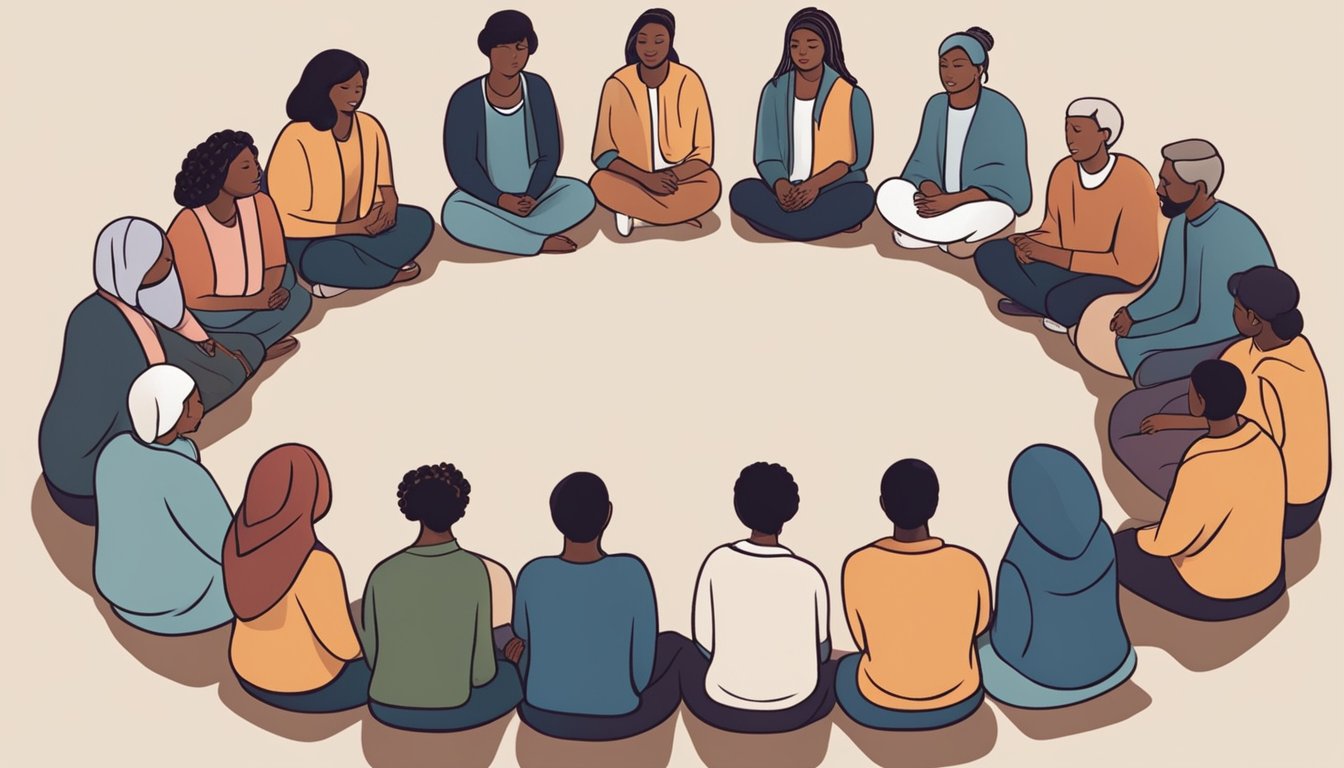 A group of diverse individuals gather in a circle, offering support and comfort to one another. A symbol of faith is prominently displayed, representing the role of spirituality in coping with grief