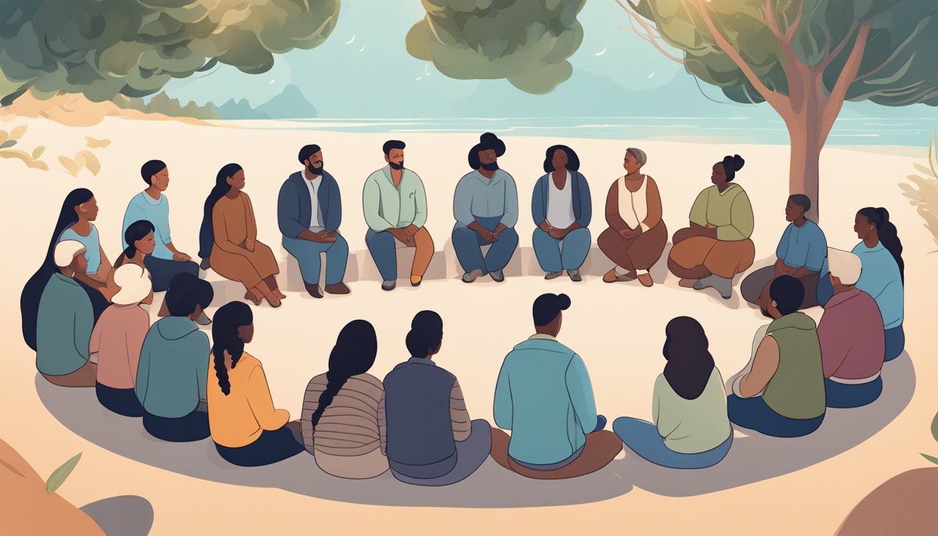 A group of diverse individuals gather in a circle, offering comfort and support to one another in a peaceful, serene setting