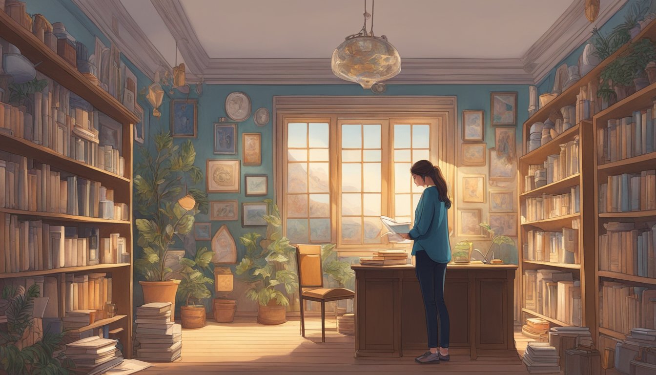 A person standing in a quiet room, surrounded by objects that trigger sensory memories - a favorite book, a cherished piece of music, the scent of a loved one's perfume lingering in the air