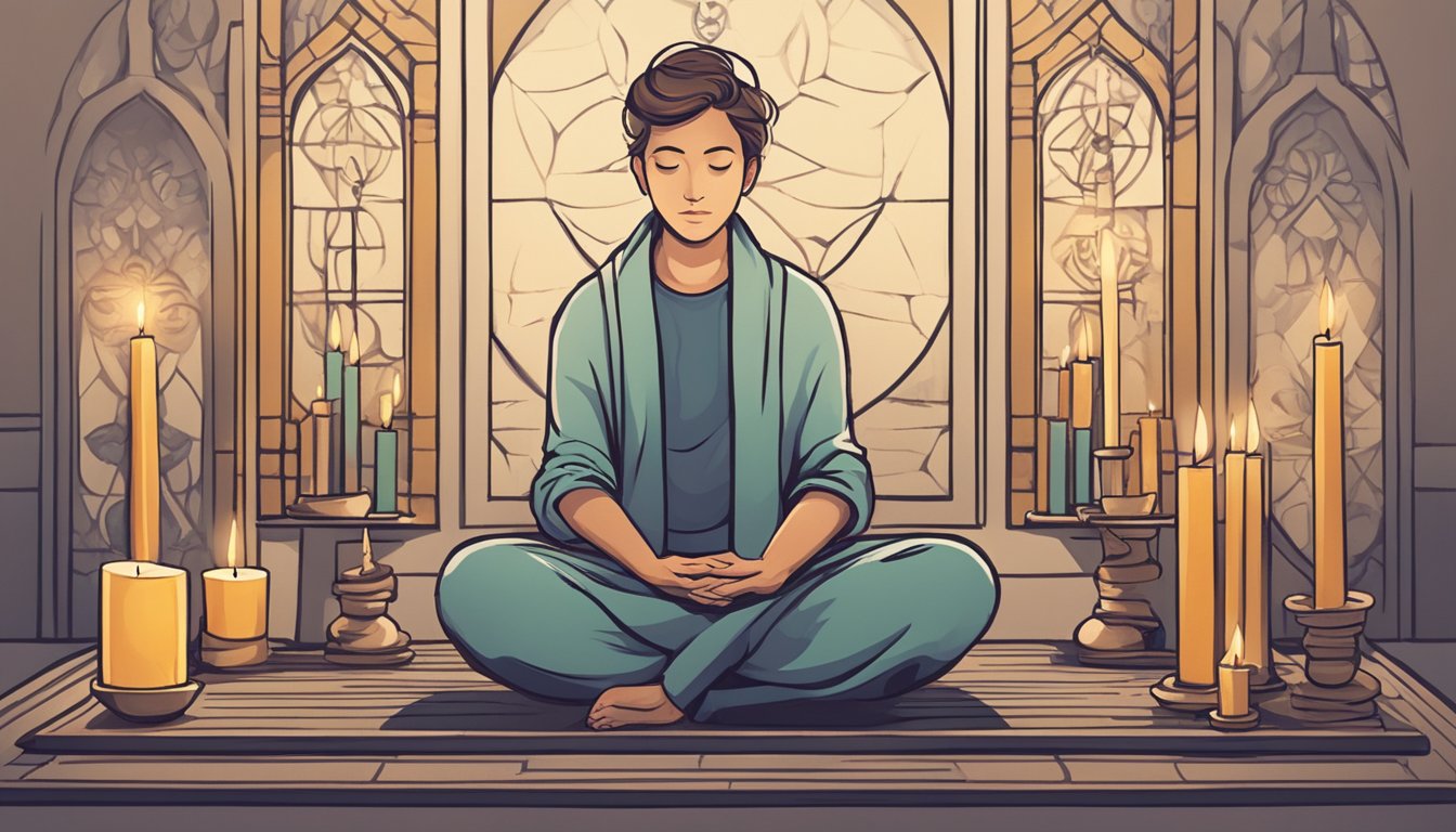 A person sitting in a quiet room, surrounded by candles and religious symbols, with a peaceful expression on their face as they meditate or pray