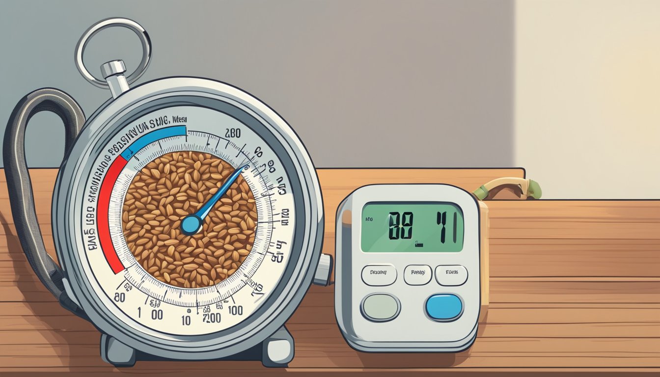 A bowl of flaxseeds next to a blood pressure monitor, with a heart rate chart showing a downward trend