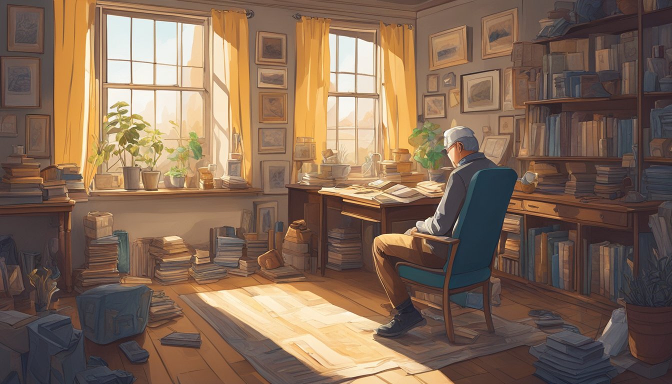 A person sitting in a dimly lit room, surrounded by objects that trigger memories of the deceased. Sunlight filters through the window, casting shadows on the walls