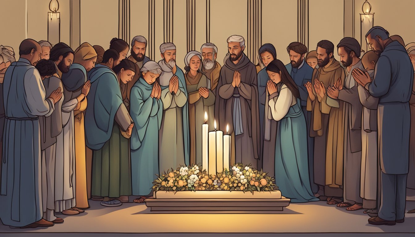 A group of people gathered around a candle-lit altar, bowing their heads in prayer and holding onto each other for support