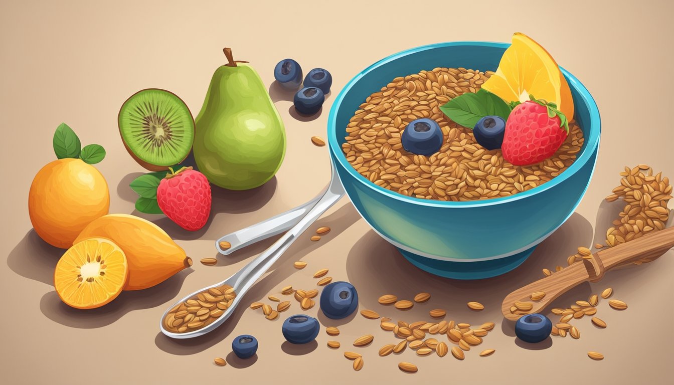 A colorful bowl of flaxseeds and various fruits arranged on a wooden table, with a measuring spoon pouring flaxseeds into a smoothie blender