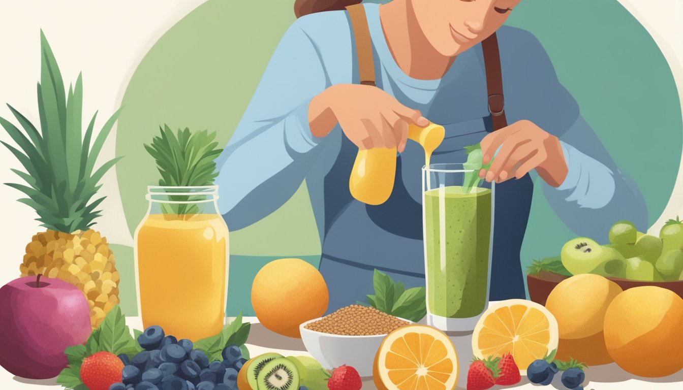 A person adding flaxseeds to a smoothie, surrounded by various fruits and a bottle of water