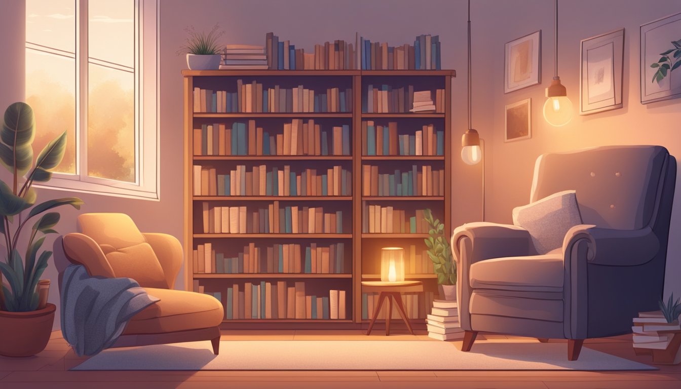 A cozy room with a comfortable chair, soft lighting, and a warm blanket. A shelf filled with books on self-care and grief support. A peaceful atmosphere for therapy