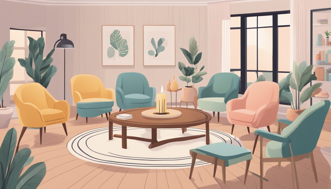 A circle of chairs surrounded by soft, comforting colors. A table in the center holds a candle and a stack of self-care tips