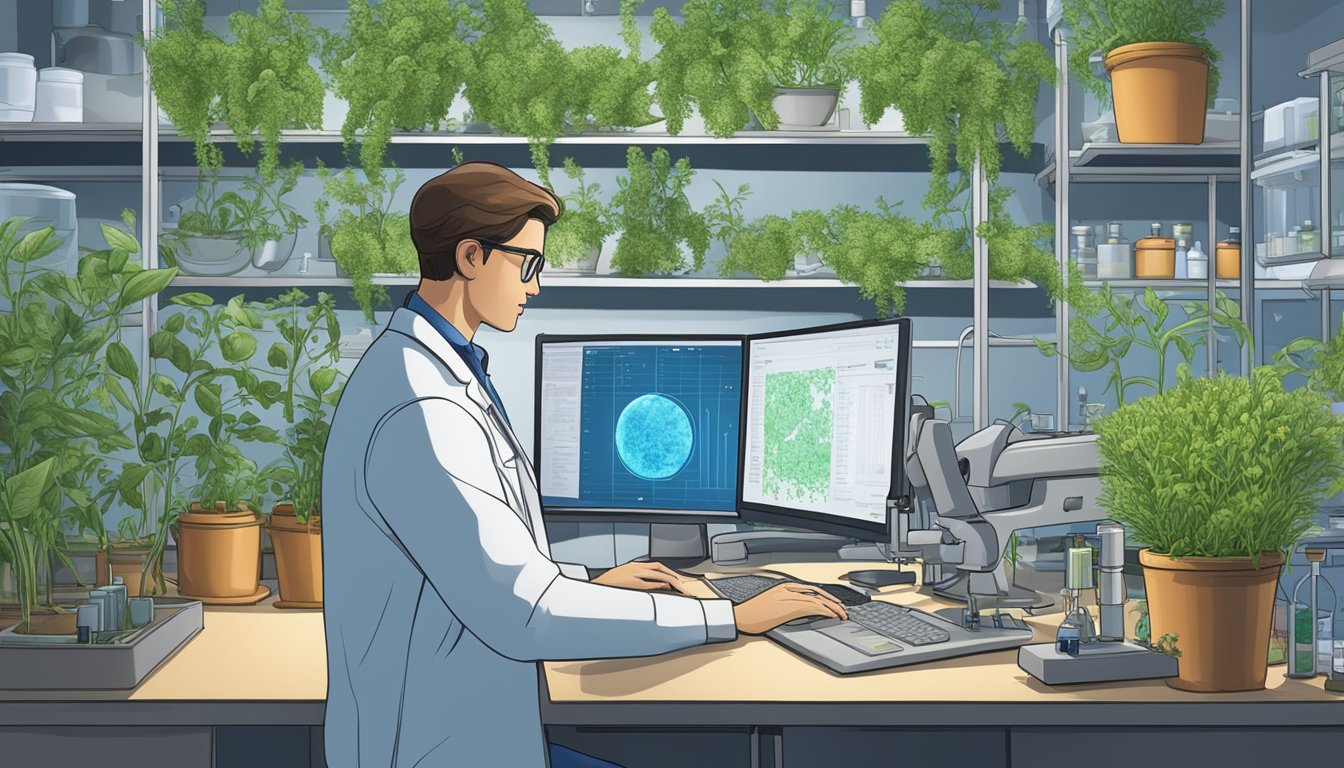 A scientist in a lab, surrounded by flaxseed plants and research equipment, analyzing data on a computer screen