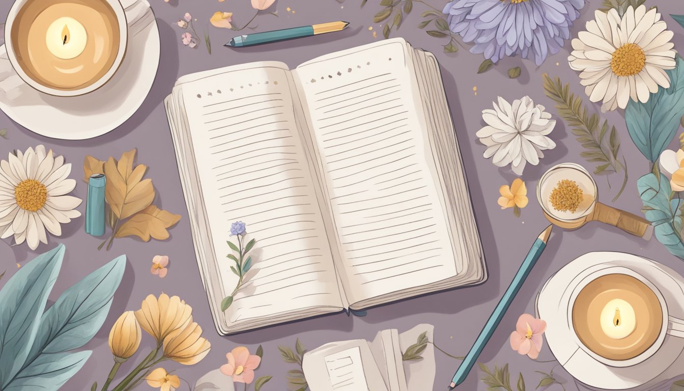 A cozy journal with 13 self-care tips surrounded by comforting items such as candles, flowers, and a soft blanket