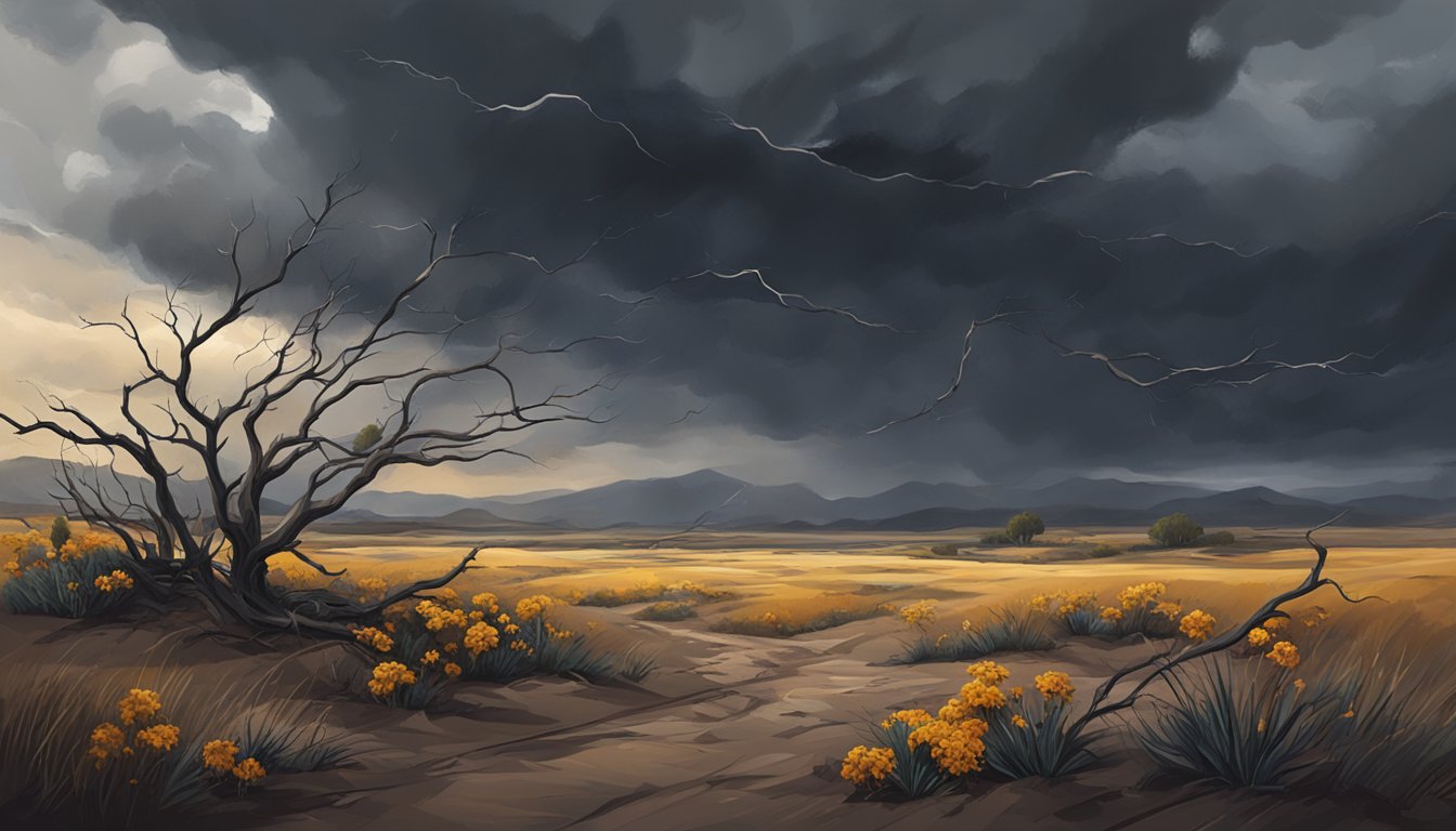 A stormy sky with dark clouds looming over a barren landscape, where wilted flowers and broken branches lay scattered on the ground