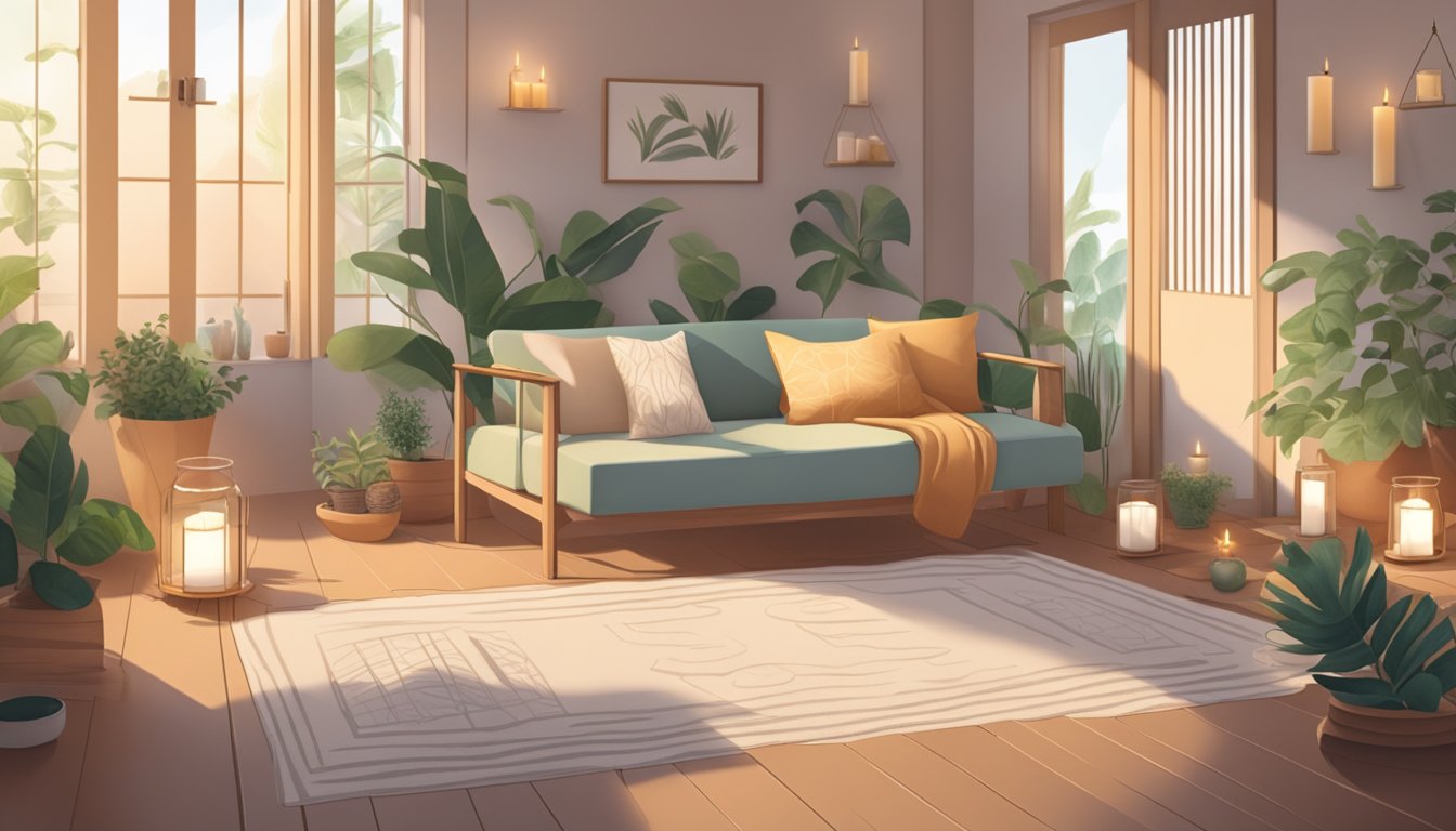 A serene setting with a cushioned meditation mat surrounded by candles, plants, and calming decor. A soft light filters through the room, creating a peaceful atmosphere for self-care