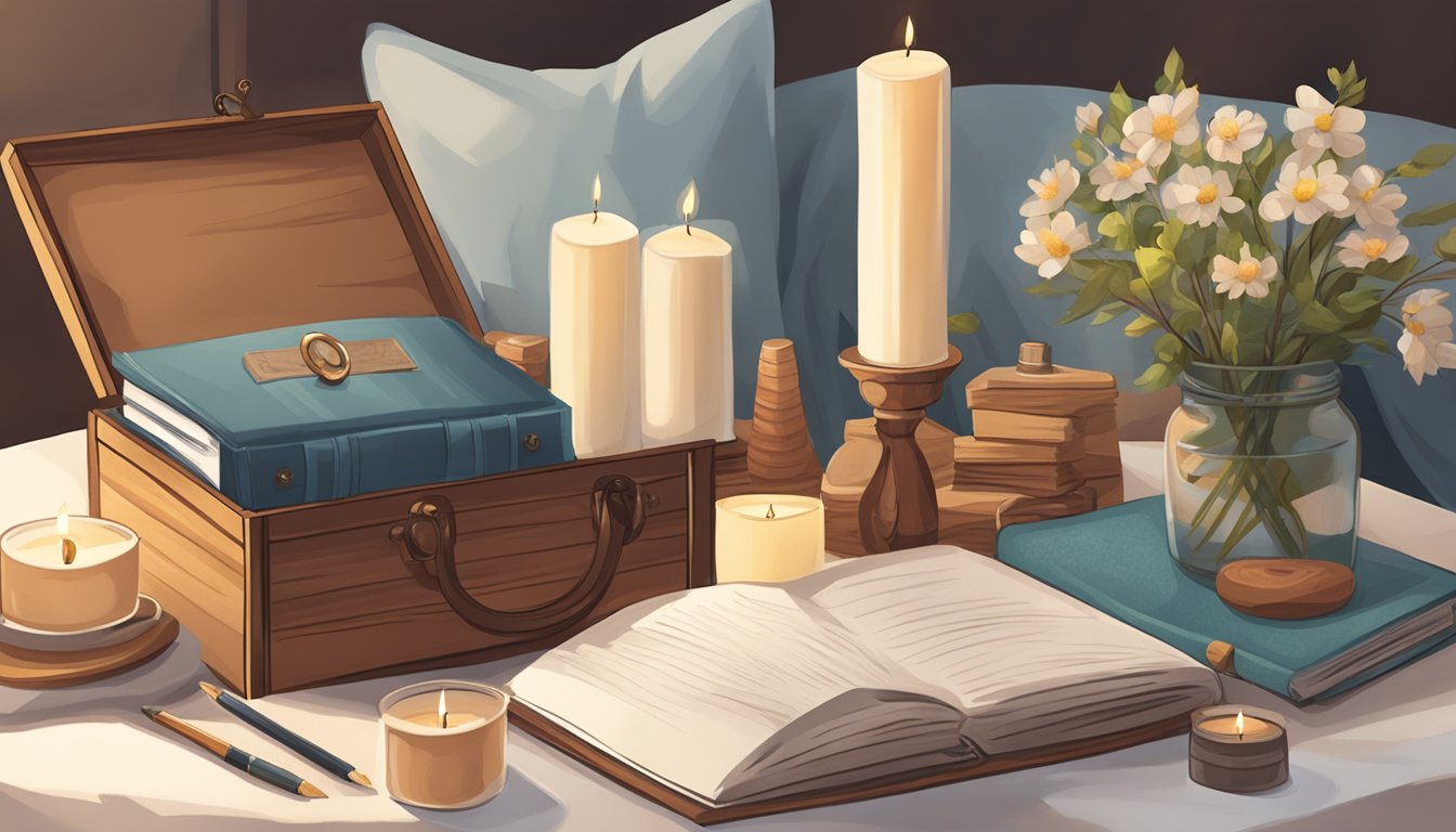 A table with a wooden memory box surrounded by comforting items like candles, a journal, and photos. A soft blanket is draped nearby