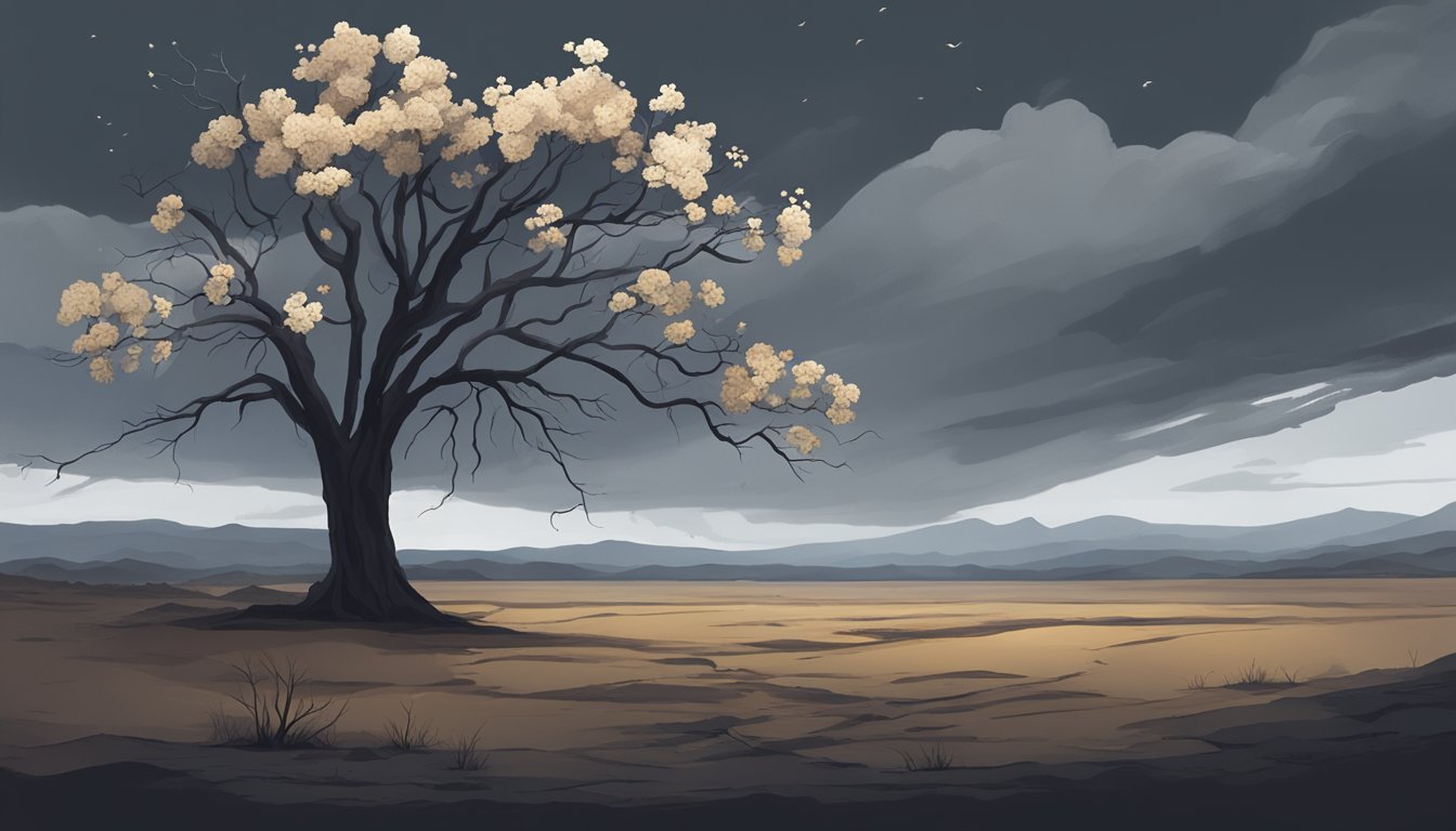 A dark, stormy sky looms over a barren landscape, with wilted flowers and a lone, leafless tree symbolizing the different types of grief - denial, anger, bargaining, depression, and acceptance