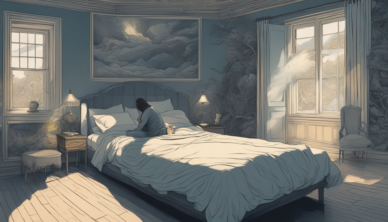 A figure tossing and turning in bed, surrounded by haunting, surreal dream imagery. Shadows and light play across the room, creating an eerie, unsettled atmosphere