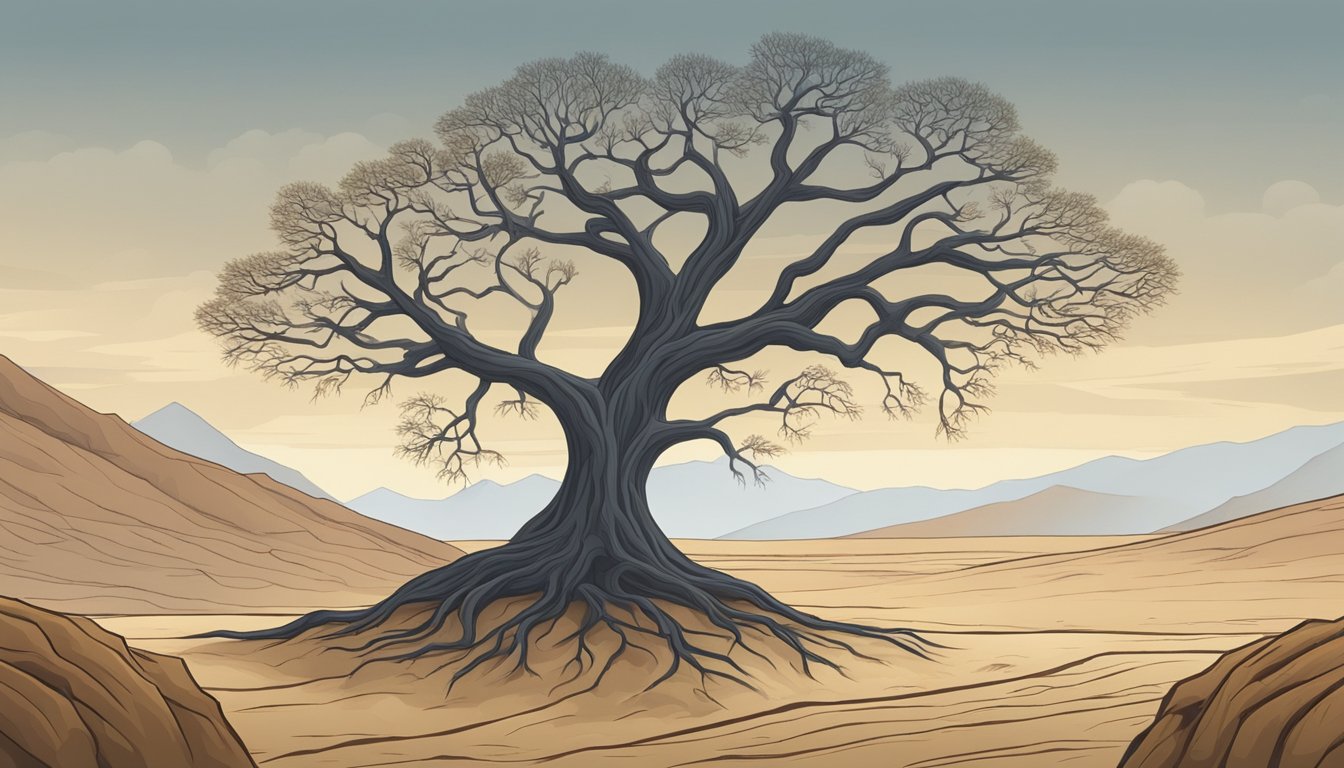 A lone tree stands in a barren landscape, its branches reaching out in different directions. Surrounding the tree are five distinct symbols representing different types of grief, each with its own unique shape and color