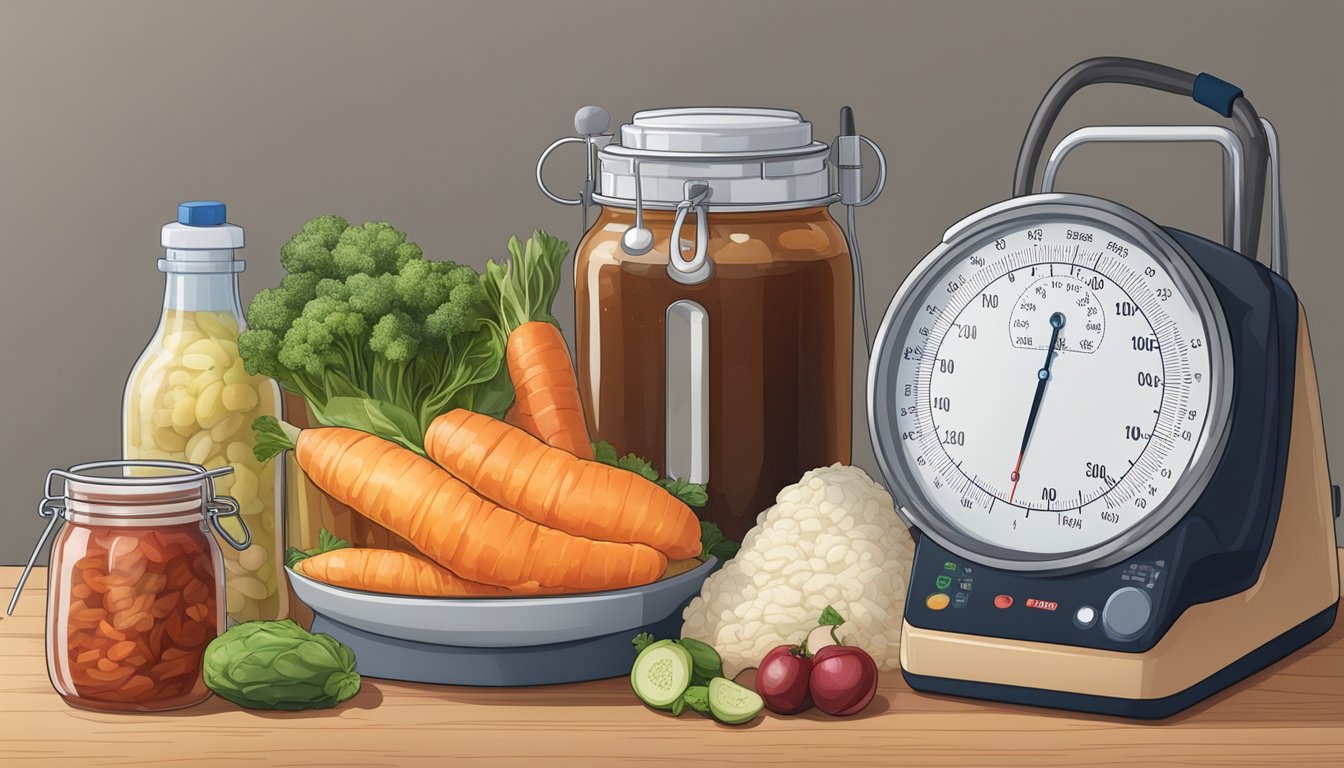 A variety of fermented foods displayed with a blood pressure monitor in the background