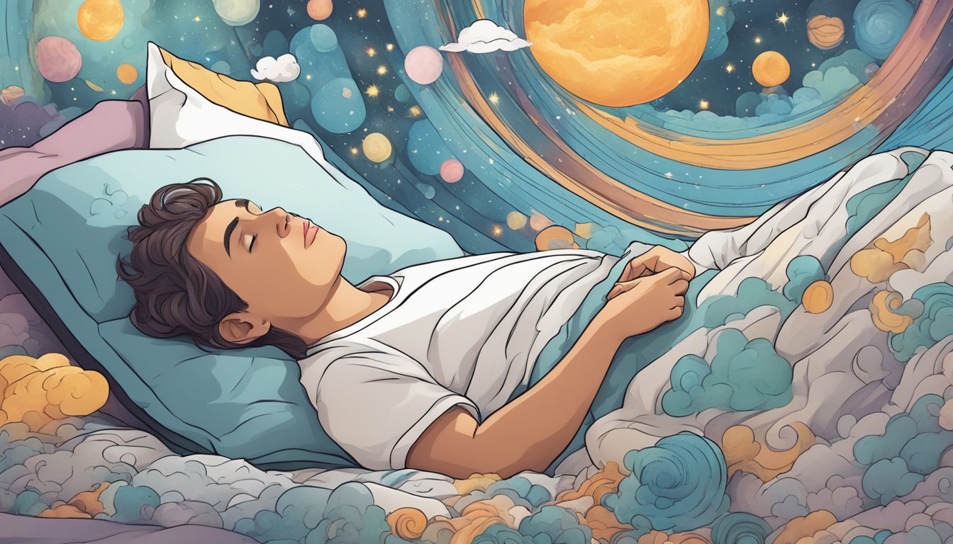 A person lying in bed with a thought bubble above their head, filled with swirling images of dreams and sleep disturbances