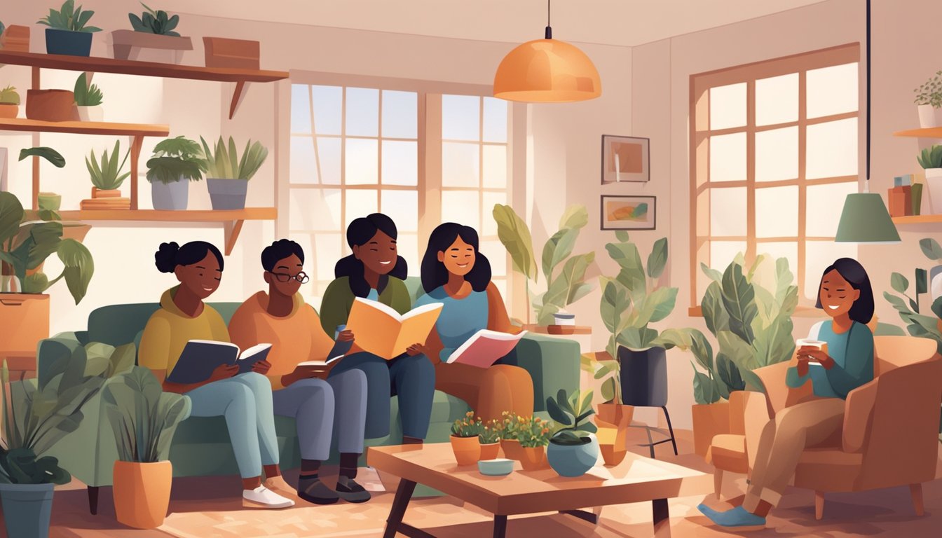 A group of diverse friends gather in a cozy living room, sharing comforting activities like reading, gardening, and cooking together