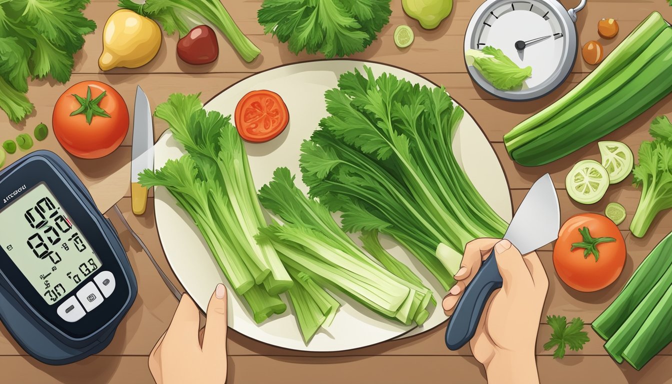 A person preparing a plate of fresh celery with a knife and cutting board, surrounded by various healthy food items and a blood pressure monitor