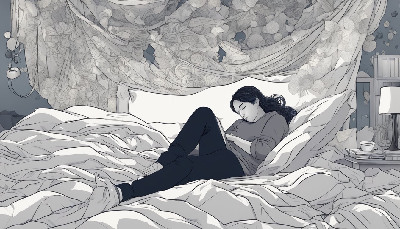 A person lying in bed, surrounded by floating dream imagery and tangled sheets, with a shadowy figure representing sleep disturbances looming in the background