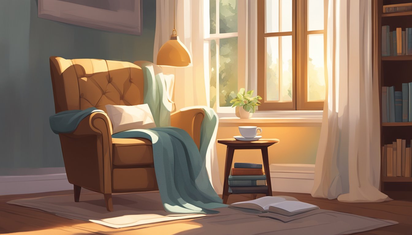 A cozy armchair with a soft blanket, a warm cup of tea, and a pile of comforting books on a side table. A gentle ray of sunlight filters through the window, creating a peaceful and comforting atmosphere