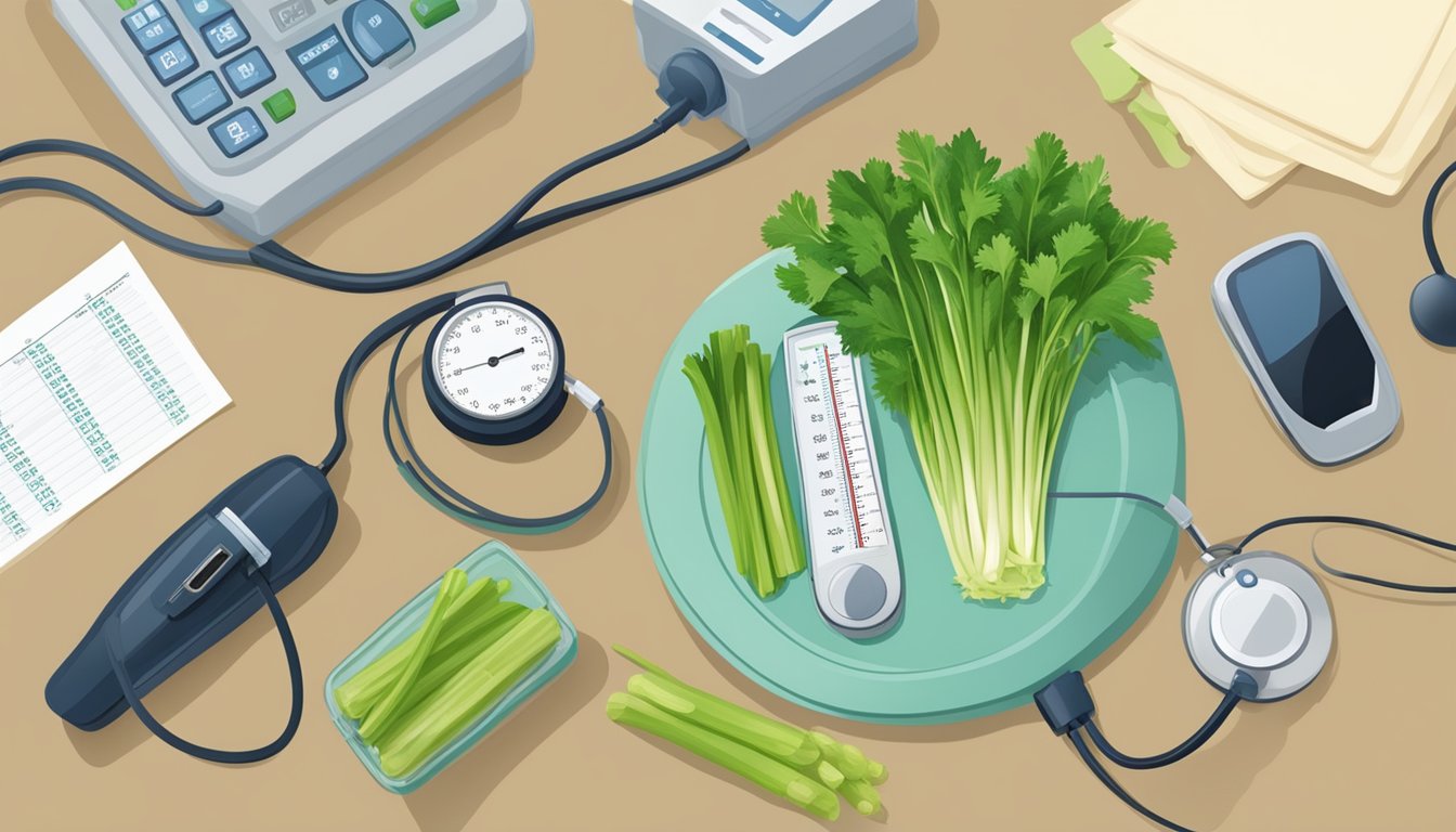 A person surrounded by celery stalks, a blood pressure monitor, and a medical chart