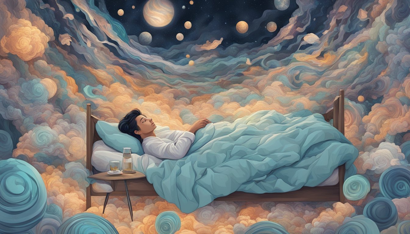 A person lying in bed, surrounded by swirling and fragmented dream imagery, with a sense of restlessness and unease in the atmosphere