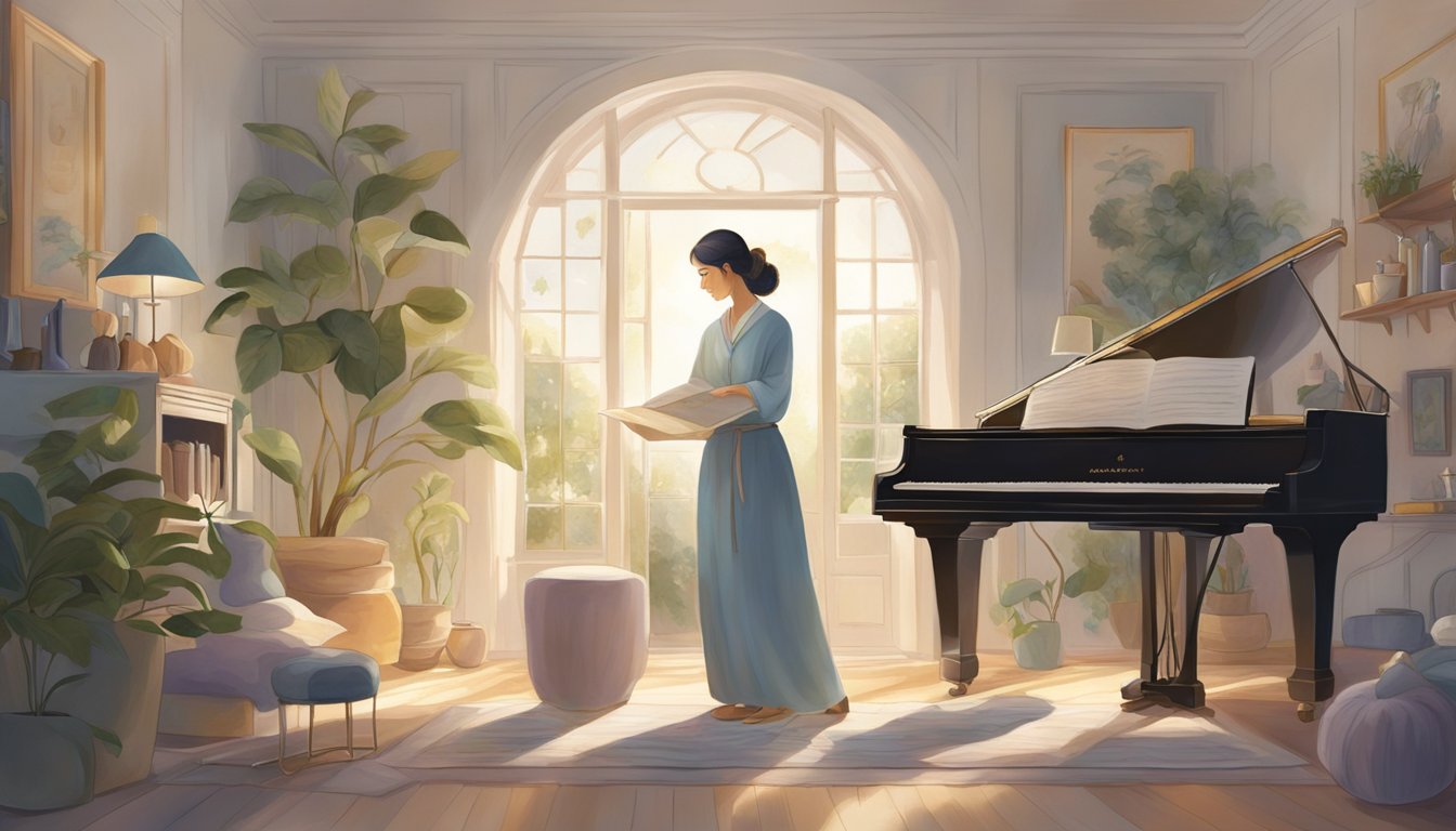 A serene figure surrounded by soft light, surrounded by gentle music and comforting objects