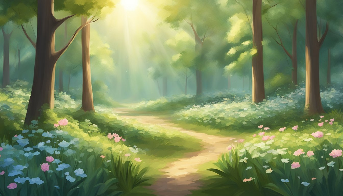 A serene forest clearing with a gentle breeze, surrounded by blooming flowers and tall trees. The sunlight filters through the leaves, creating a peaceful atmosphere for mindful breathing