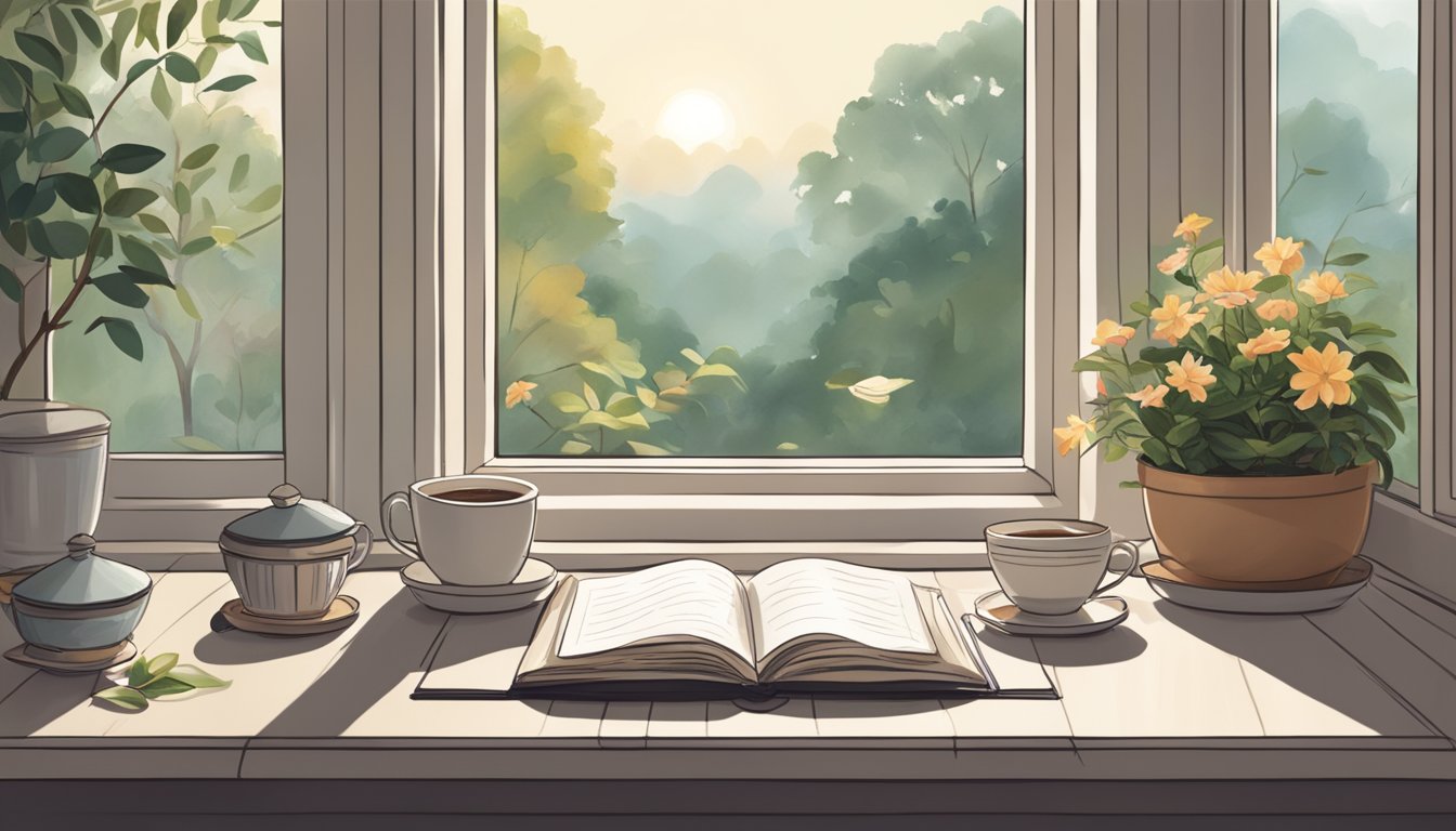 A peaceful morning routine with tea, journaling, and meditation by a window overlooking a serene garden