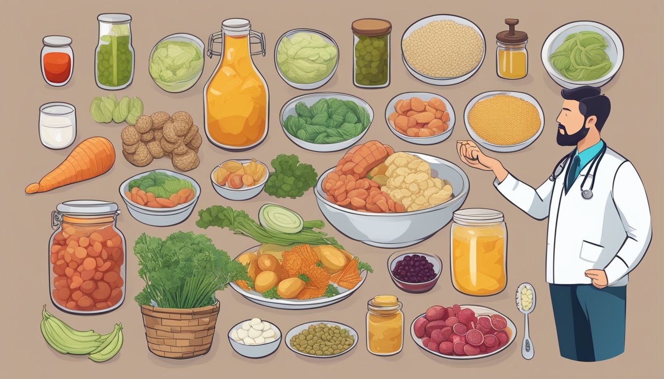 A person surrounded by various fermented foods, with a medical chart showing high blood pressure and a doctor advising against eating them