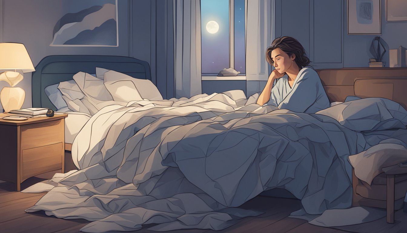 A person sits in bed, surrounded by scattered pillows and a crumpled blanket. Moonlight filters through the window, casting a soft glow on their troubled expression