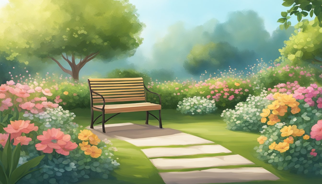 A serene garden with a bench surrounded by blooming flowers and a gentle breeze, providing a peaceful and comforting environment for reflection and self-care