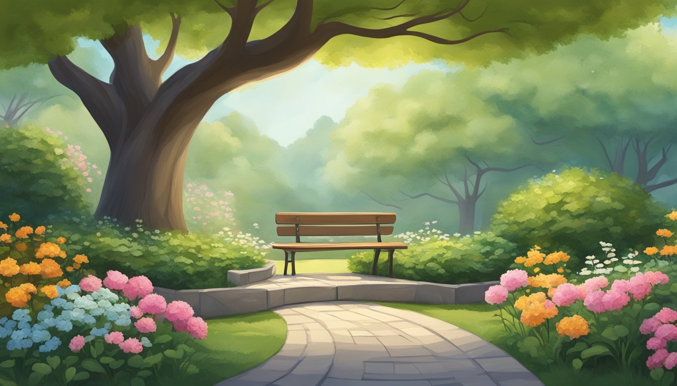 A serene garden with a winding path, blooming flowers, and a peaceful bench under a tree