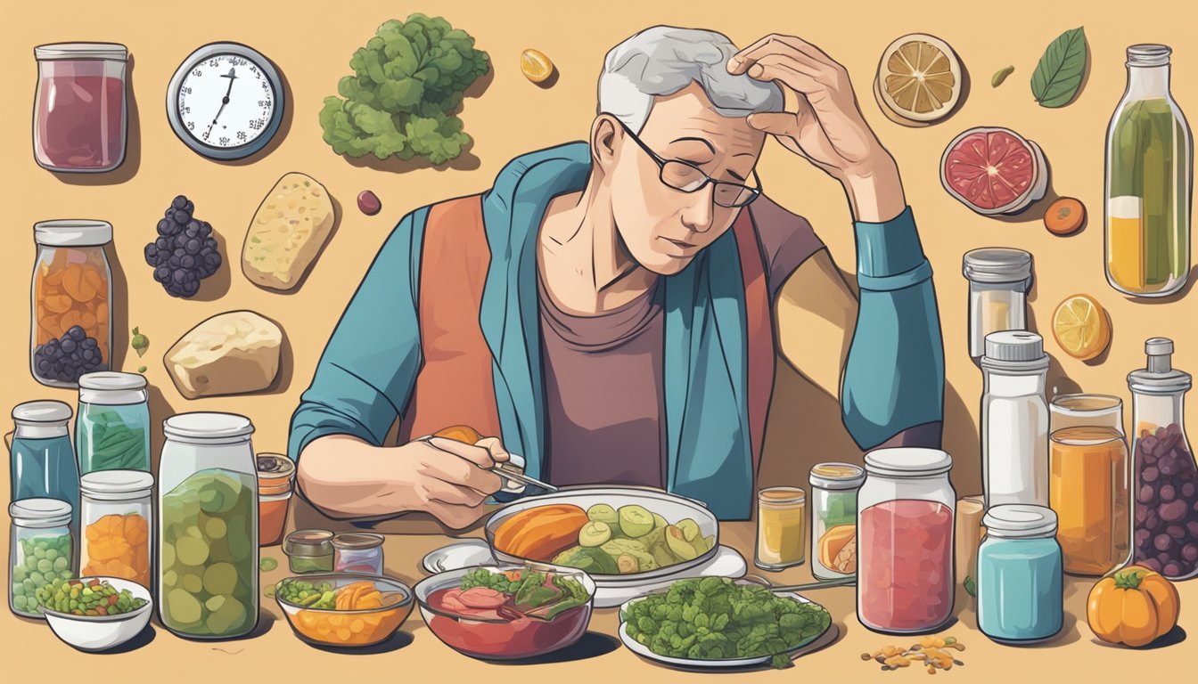 A person with hypertension cautiously tasting fermented foods, surrounded by various food items and a blood pressure monitor