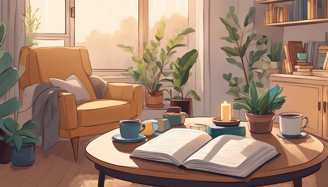 A cozy living room with soft lighting, a warm blanket, and a hot cup of tea on a side table, surrounded by comforting items like books, plants, and a journal