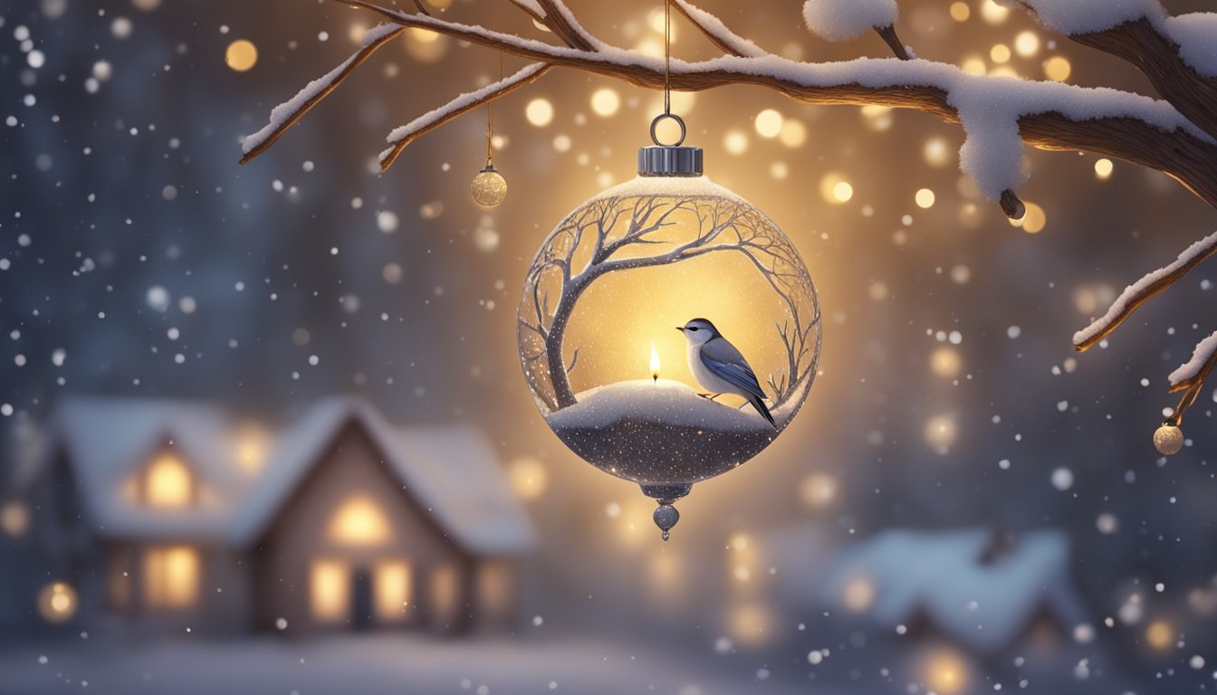 A small, delicate ornament hangs from a tree branch, surrounded by soft, warm candlelight and a gentle snowfall outside